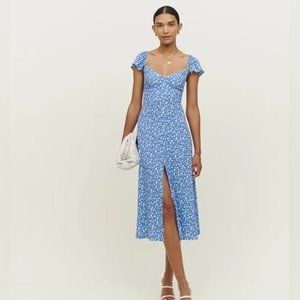 NWOT Reformation Baxley Dress in Marie Blue White Floral Midi Short Sleeves